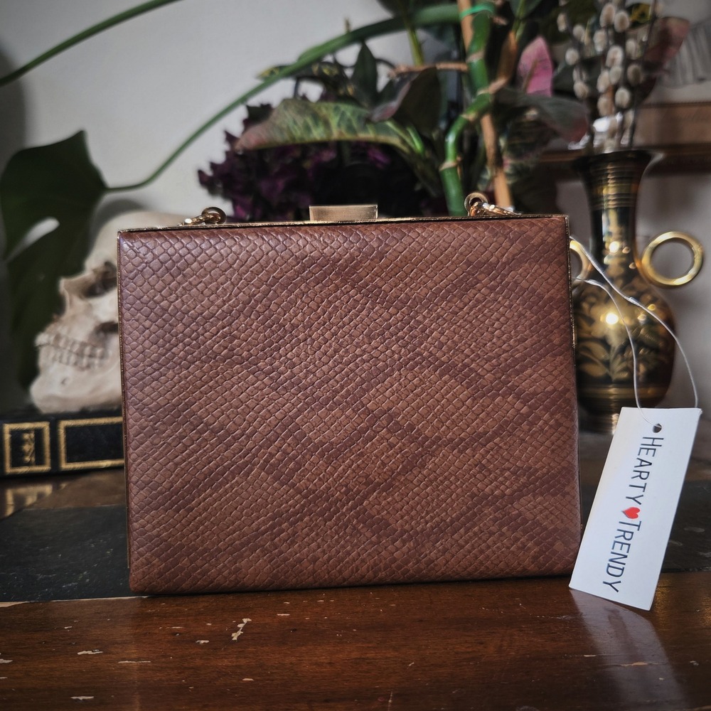 Hearty Trendy Box Clutch Purse Brown Snakeskin Faux Leather Gold Frame NWT Bag